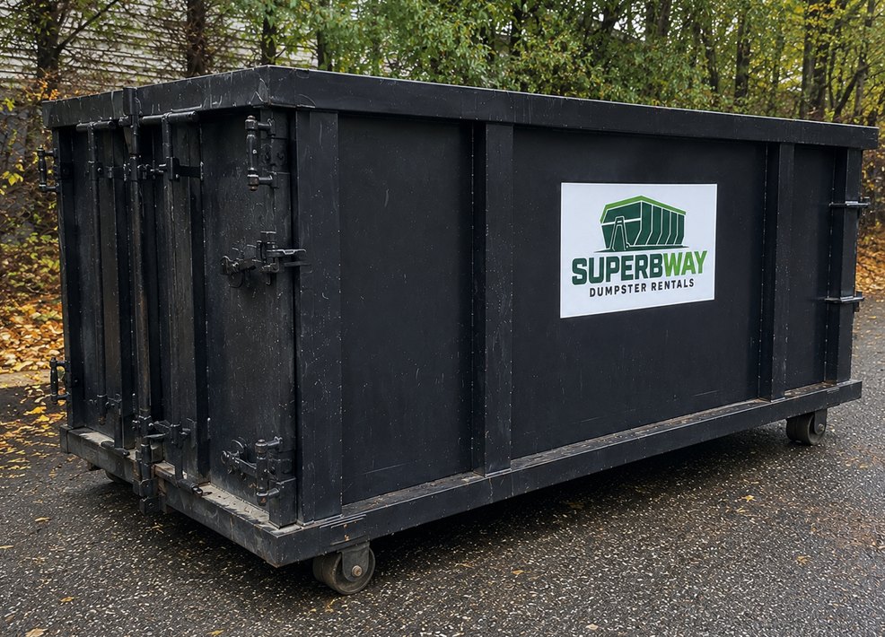 Superbway Dumpster Rentals roll-off container parked on asphalt